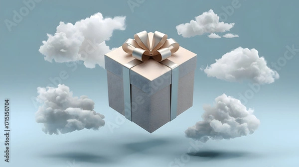 Obraz A floating gift box with a ribbon surrounded by fluffy clouds in a serene setting.