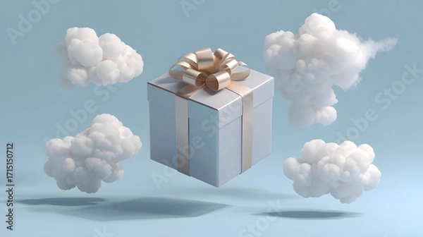 Obraz A gift box with a gold ribbon floats amidst fluffy white clouds against a light blue background.