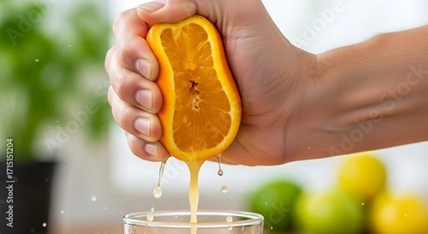 Fototapeta Hand Squeezing Orange Juice