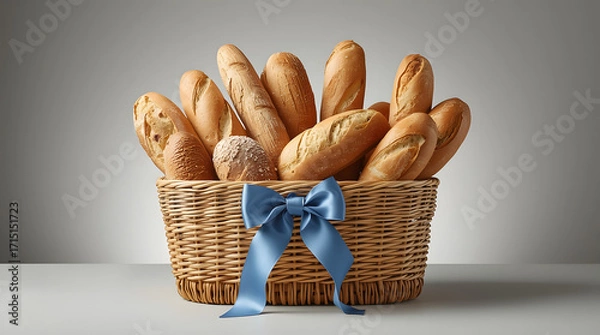 Obraz Wicker basket filled with an assortment of freshly baked breads, tied with a blue ribbon.
