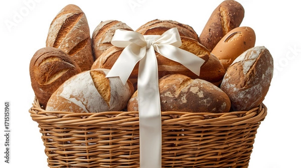 Obraz A wicker basket overflowing with various types of freshly baked bread, tied with a white ribbon.