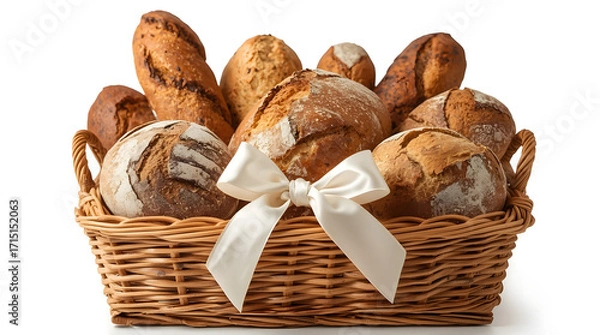 Obraz Wicker basket filled with assorted loaves of bread, tied with a white ribbon, against a white background.