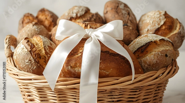 Obraz A wicker basket filled with assorted artisanal breads, tied with a white ribbon bow.