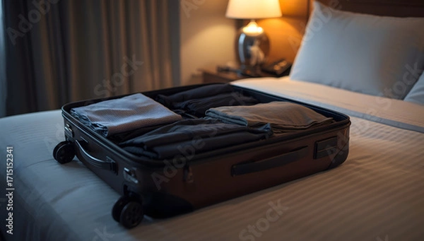 Obraz Neatly packed suitcase rests on hotel bed, ready for travel.
