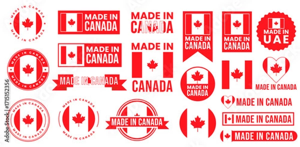 Fototapeta Product labels vector collection featuring a variety of badges and stickers with the Canadian flag and text Made in Canada,symbolizing origin and quality for product packaging,branding and export good