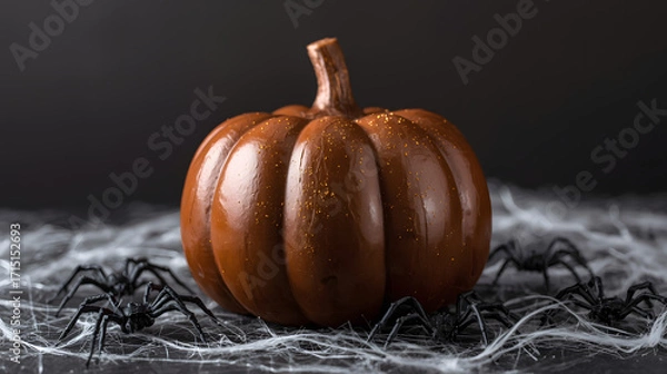 Obraz A small, dark-brown pumpkin sits amidst a web of spiderwebs with small black spiders, on a dark background.