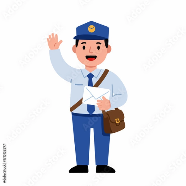 Fototapeta A friendly mail carrier in uniform waves hello while holding a letter and a mailbag.