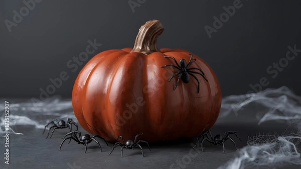Obraz A small orange pumpkin with a dark stem, surrounded by spiders and cobwebs.