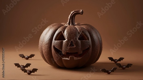 Obraz A chocolate jack-o'-lantern surrounded by chocolate bats on a brown background.