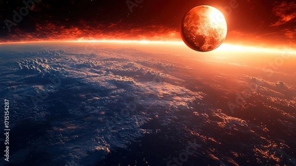 Obraz Total lunar eclipse seen from Earth, Moon completely red-orange due to refracted sunlight through atmosphere. 