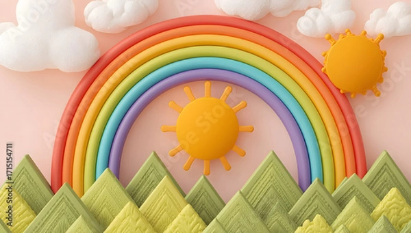 Obraz A vibrant, colorful illustration depicting a whimsical rainbow, sun, clouds, and mountains.