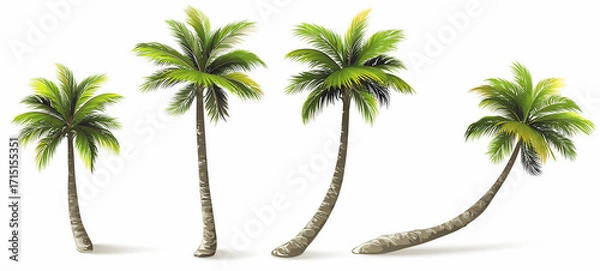 Fototapeta Collection of four distinct palm trees showcasing varying heights and curved trunks set against a clean white background	