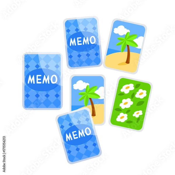 Fototapeta Memory card game set with tropical beach and flower motifs, flat graphic style, arranged on a white background. Concept of fun learning. Vector illustration