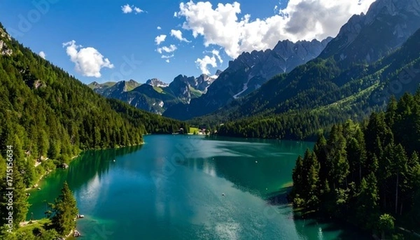 Fototapeta Serene alpine lake nestled in a valley
