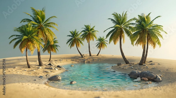 Obraz Tropical island paradise with palm trees and a tranquil pool.