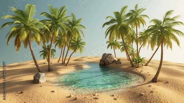 Obraz Serene oasis: palm trees surround a tranquil pool of water in a sandy desert landscape.