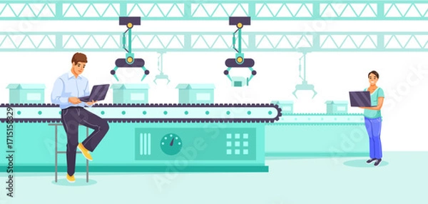 Fototapeta Two engineers with laptops observing robotic arms over conveyor belts in a smart factory, flat style, on white background. Concept of automation. Vector illustration