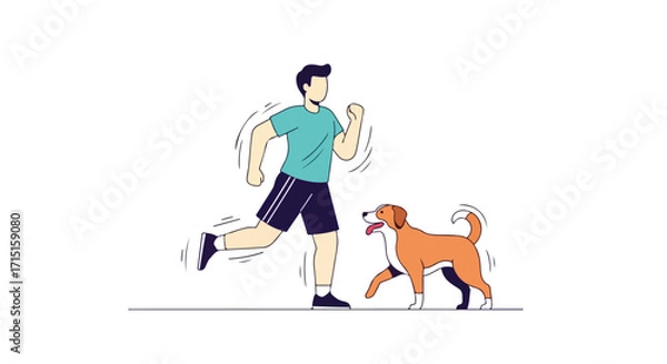 Fototapeta Energetic man enjoys morning jog with his loyal dog, fostering health and companionship in a simple, modern illustration representing fitness and a