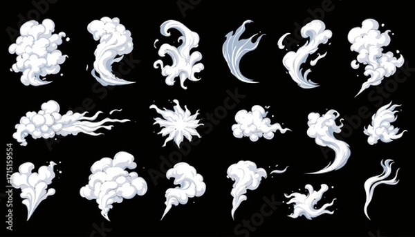 Fototapeta A collection of vector smoke elements in various shapes and forms, ideal for adding a realistic and dynamic touch to digital designs and illustrations, presented in PNG format.