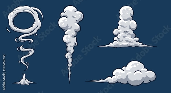 Fototapeta A collection of stylized vector smoke and steam effects in various shapes and forms, perfect for graphic design elements on a dark background.