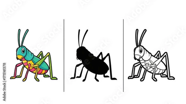 Fototapeta Funny cartoon grasshopper with silhoutte and outline art on a white background
