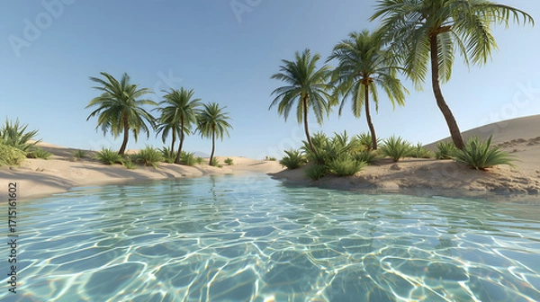 Obraz A serene oasis scene showcases clear water, palm trees, and desert landscape under a blue sky.