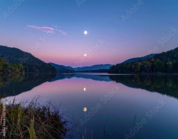Fototapeta Serene lake at dawn with a moon reflection