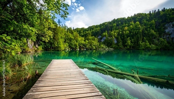 Fototapeta Serene lake and wooden pier in a lush forest