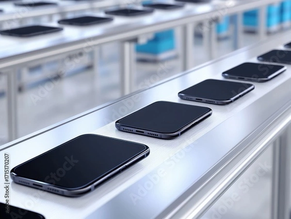 Fototapeta Sleek, dark mobile devices moving along a modern, automated factory assembly line, indicating mass production.