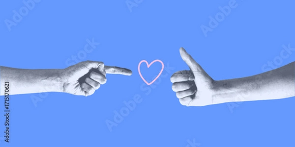 Fototapeta Halftone vector hands pointing at each other with a love symbol. Vector illustration eps