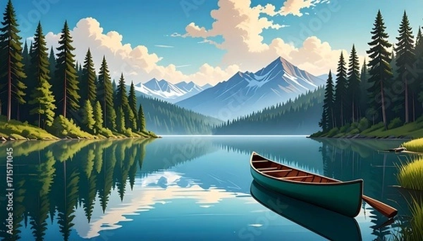 Fototapeta Serene lake landscape with a canoe
