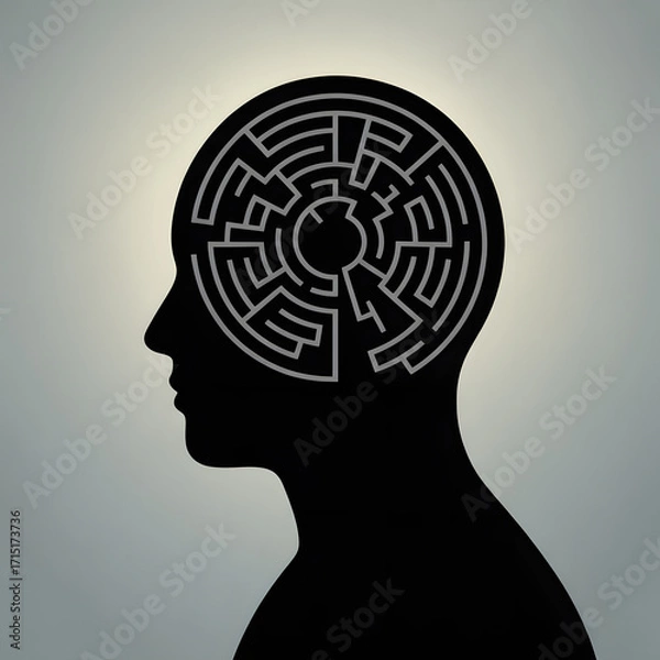 Fototapeta Maze of Thought: A symbolic representation of a complex mind, with a maze intricately etched within the silhouette of a head, against a softly illuminated backdrop.