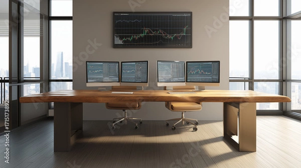 Fototapeta Minimalist open office with large wooden desk, dual monitors showing financial charts