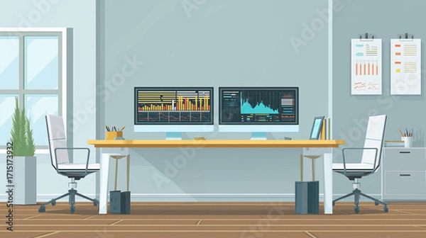 Fototapeta Minimalist open office with large wooden desk, dual monitors showing financial charts