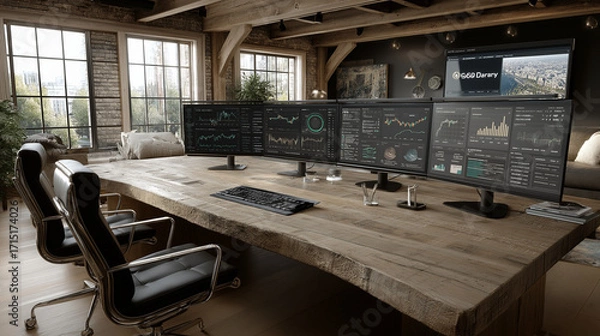 Fototapeta Minimalist open office with large wooden desk, dual monitors showing financial charts