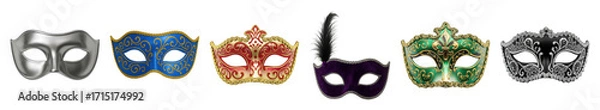 Fototapeta Venetian masquerade mask set including silver, blue, red, purple, green, and black ornate designs isolated. Carnival party and elegant celebration.