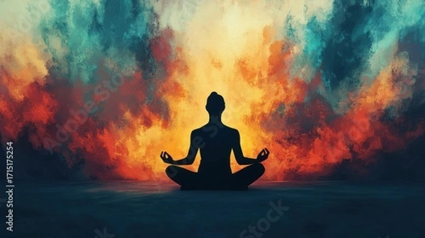 Fototapeta Silhouette of a person meditating amidst colorful clouds.