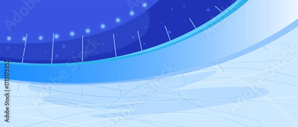 Fototapeta Abstract ice rink stadium with glowing lights, curved boards and scratched ice surface, on a blue gradient background. Concept of winter sports. Vector illustration
