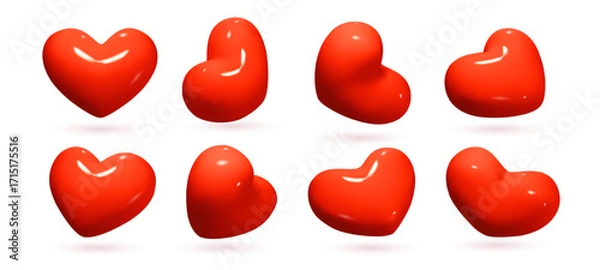 Fototapeta Glossy red heart shapes set in different angles and positions, realistic style on white background. Concept of love and romance. Vector illustration