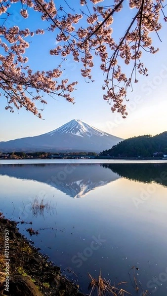 Fototapeta Serene lake view with Mount Fuji and cherry blossoms