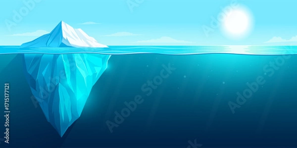 Fototapeta Large iceberg floating in ocean with most mass underwater, flat graphic style, blue seascape background, concept of hidden depths. Vector illustration