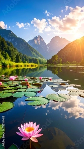 Fototapeta Serene mountain lake with water lilies