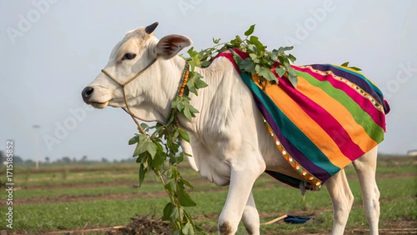 Fototapeta A white calf adorned with colorful cloth and greenery walks through a field, embodying tradition and cultural significance in a rural landscape