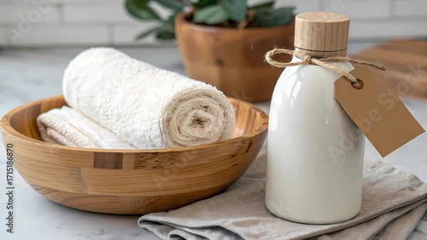 Fototapeta Spa still life featuring a white bottle, rolled towel, and wooden bowl, complemented by a linen cloth and a potted plant for a tranquil wellness scene