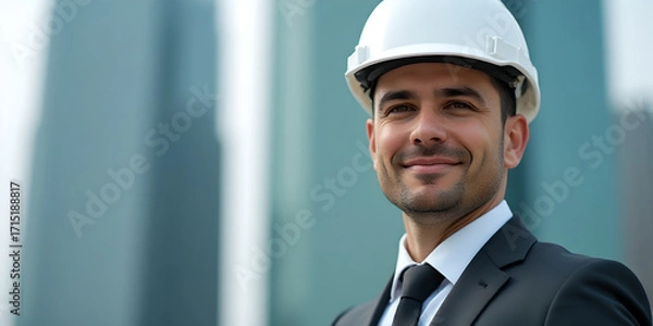 Fototapeta Close-up photo of businessman wearing white safety helmet and suit standing outdoors in front of modern building with slightly blurred background.