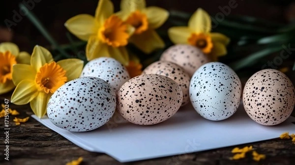 Fototapeta Easter eggs and daffodils on rustic wood  Decorated eggs in speckled patterns, white and light beige, alongside vibrant yellow daffodils, sit on a piece of white paper