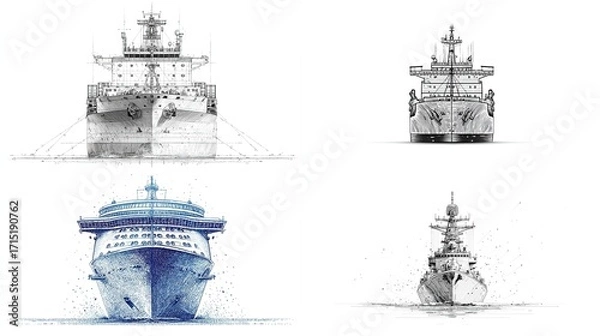 Fototapeta Front views of diverse ships cruise, military, cargo, sketched, rendered with ink/watercolor
