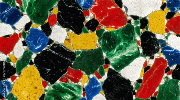 Fototapeta A colorful mosaic made of many different colored stones. The colors are red, blue, green, and yellow
