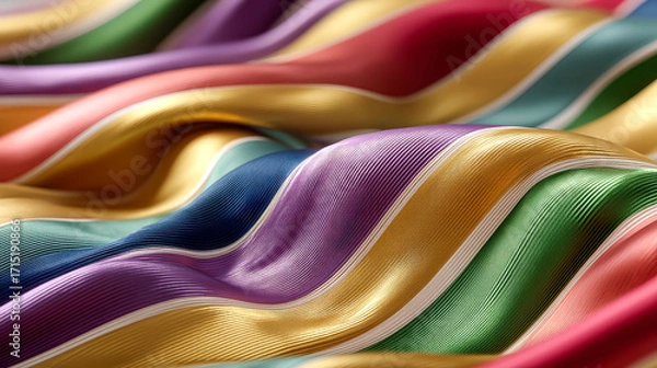 Fototapeta A colorful fabric with stripes of different colors. The colors are bright and vibrant, creating a lively and cheerful mood. The fabric appears to be made of silk, giving it a luxurious