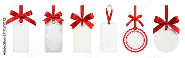 Fototapeta Gift tag set including various shapes with red ribbons and bows isolated. Festive occasions and retail applications.